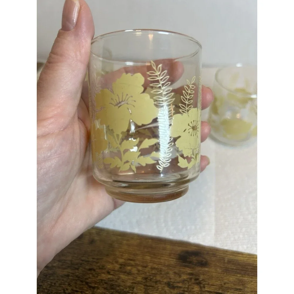 Vintage 70’s Libbey Yellow Hibiscus Fern Juice Glasses Set of 4 Retro Floral MCM